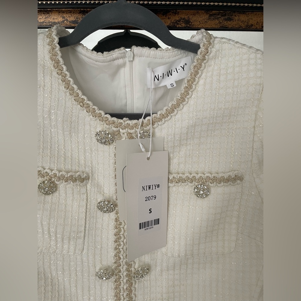 NIWIY White Tweed Rhinestone Mini Dress NWT Size S - Picture 8 of 11
